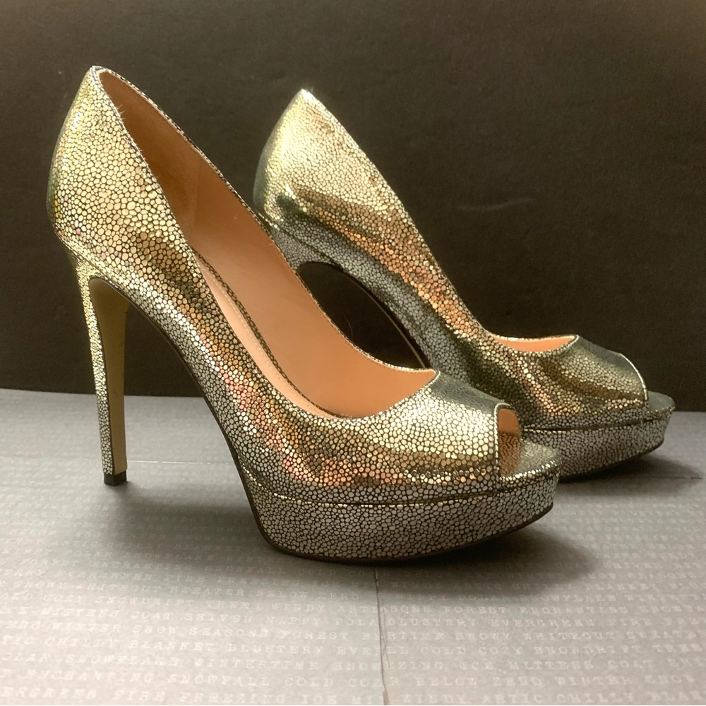 Enzo Angiolini Metallic Peep Toe Platform Heels Speckled Gold 7.5